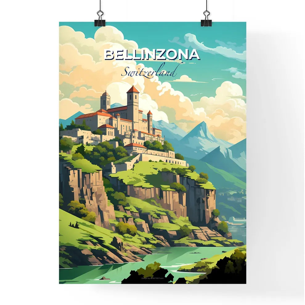 Bellinzona, Switzerland, A Poster of a castle on a hill with trees and mountains Default Title