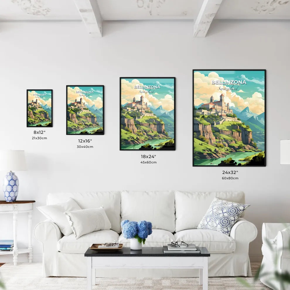 Bellinzona, Switzerland, A Poster of a castle on a hill with trees and mountains Default Title