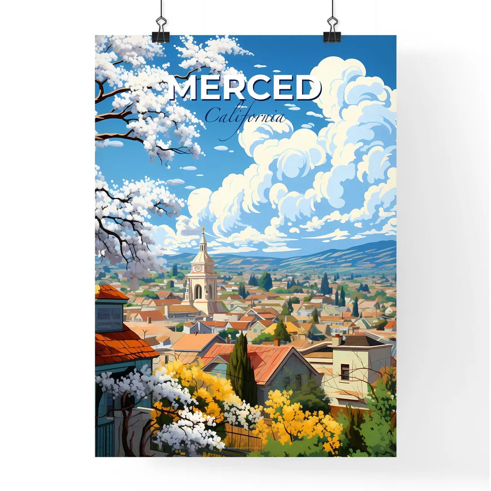 Merced, California, A Poster of a landscape of a town with a church and trees Default Title