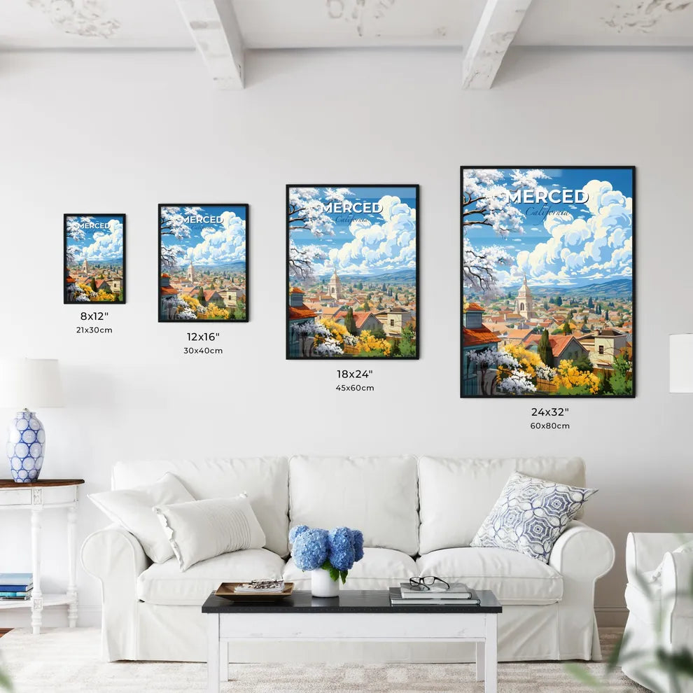 Merced, California, A Poster of a landscape of a town with a church and trees Default Title