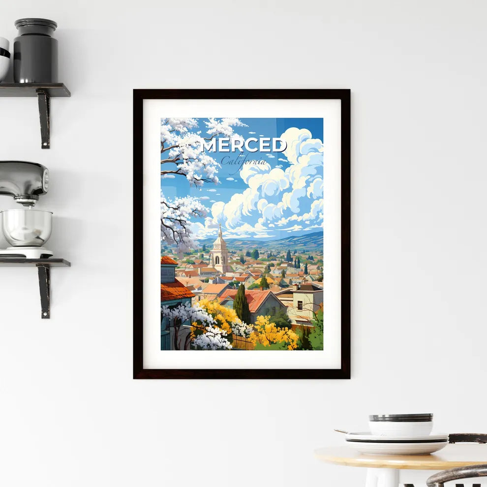 Merced, California, A Poster of a landscape of a town with a church and trees Default Title