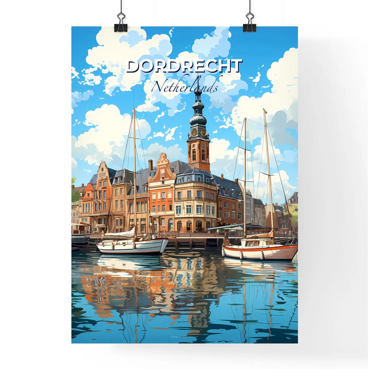 Dordrecht, Netherlands, A Poster of a water with boats and buildings Default Title