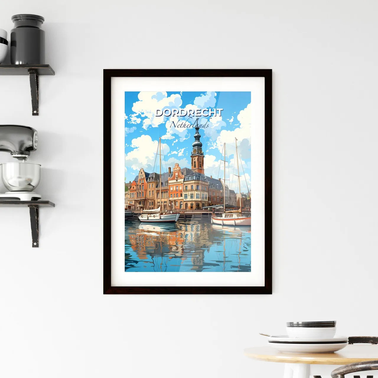 Dordrecht, Netherlands, A Poster of a water with boats and buildings Default Title
