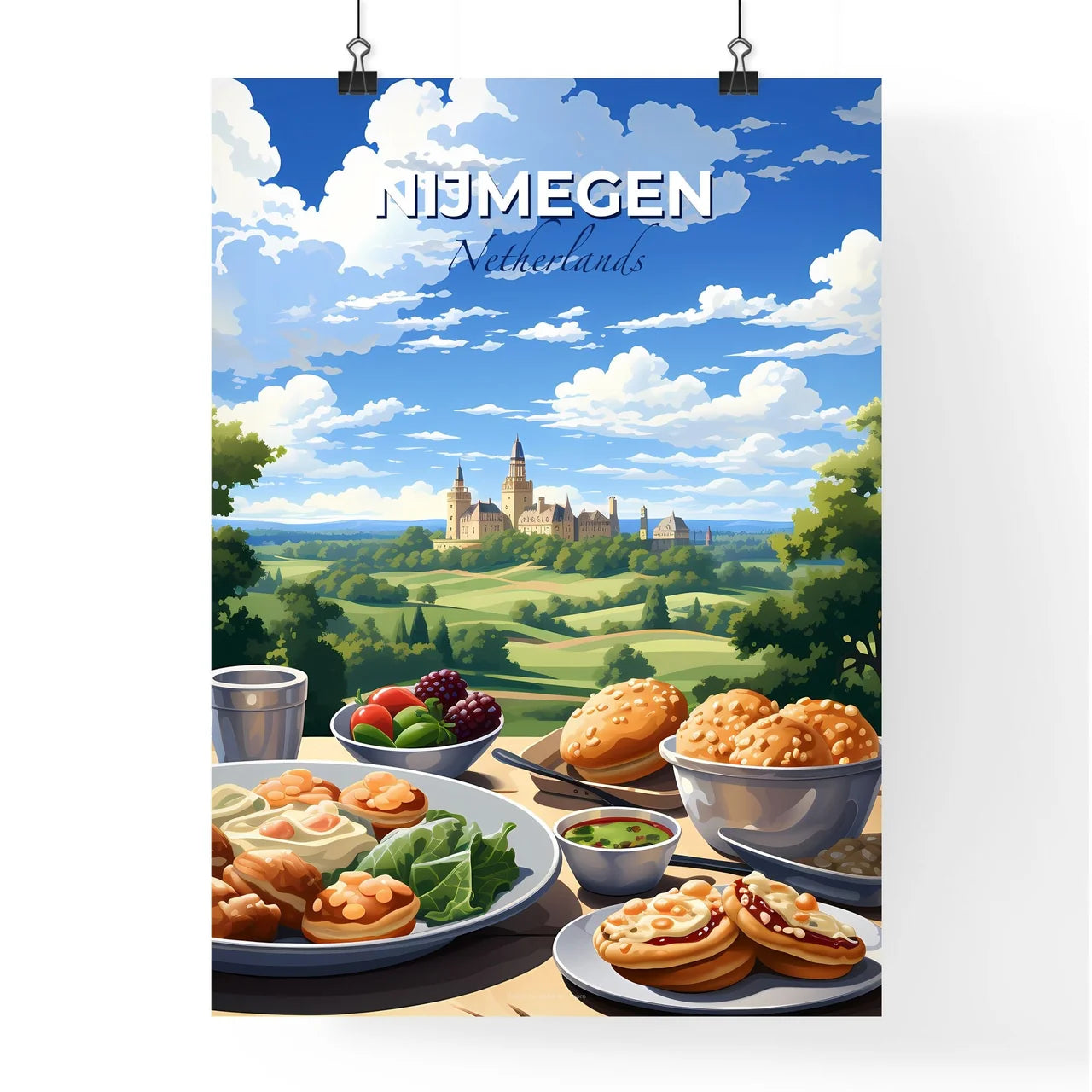 Nijmegen, Netherlands, A Poster of a table with food and a castle in the background Default Title