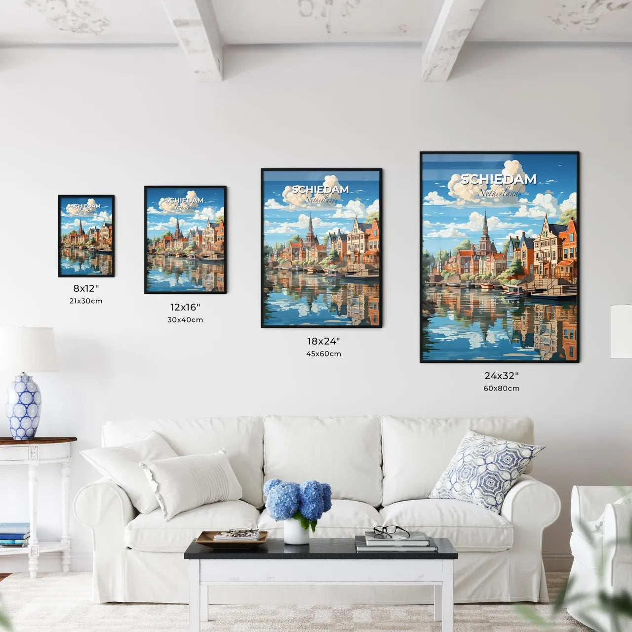 Schiedam, Netherlands, A Poster of a water body of water with buildings and boats Default Title