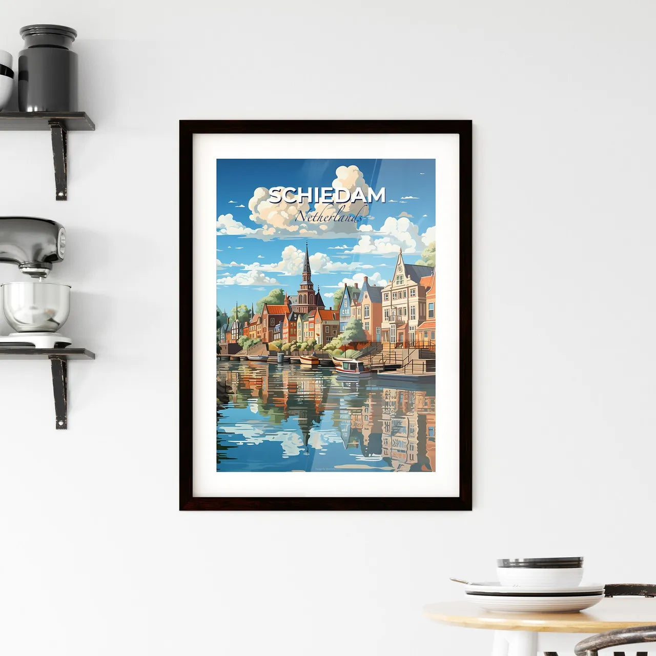Schiedam, Netherlands, A Poster of a water body of water with buildings and boats Default Title