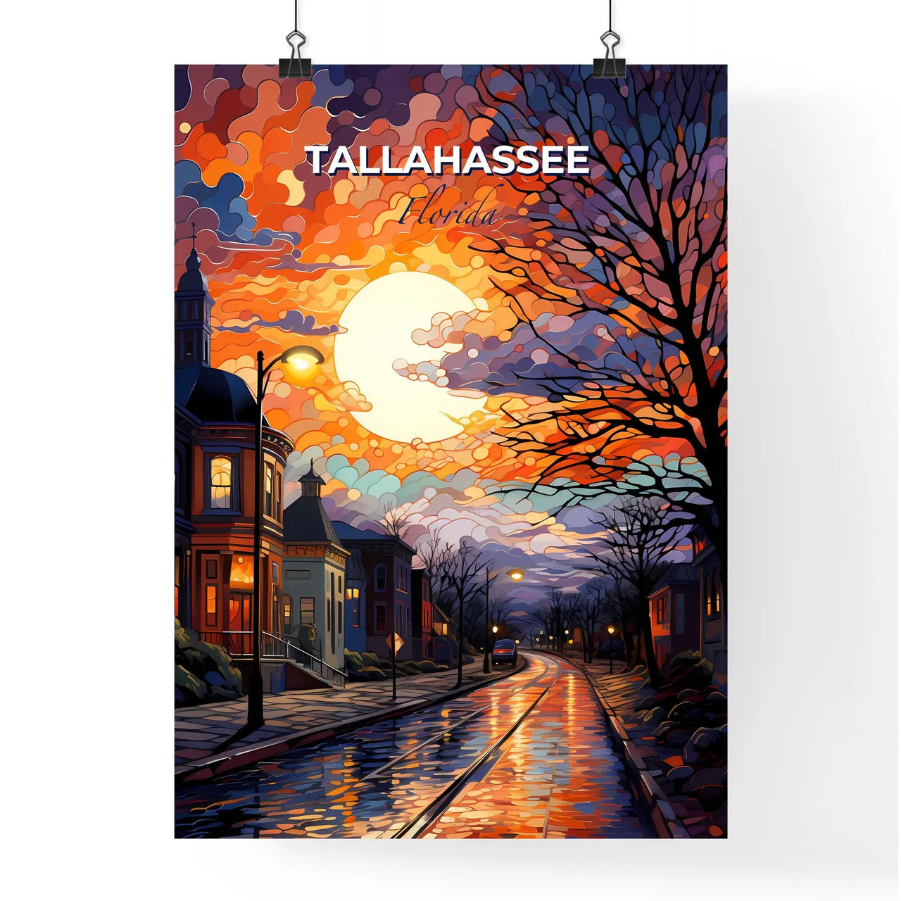 Tallahassee, Florida, A Poster of a street with a moon and trees Default Title
