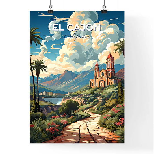El Cajon, California, A Poster of a painting of a building on a hill with palm trees and mountains Default Title