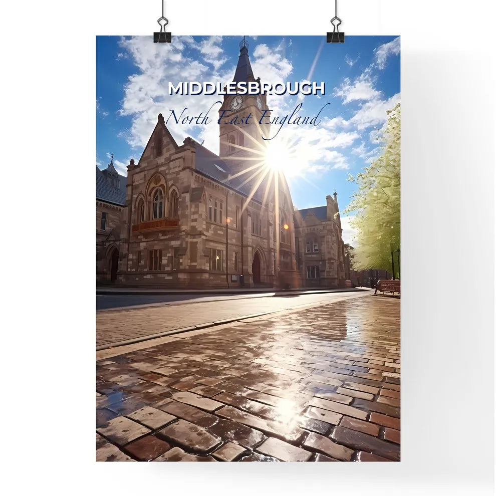 Middlesbrough, North East England, A Poster of a building with a clock tower and a bench in front of it Default Title