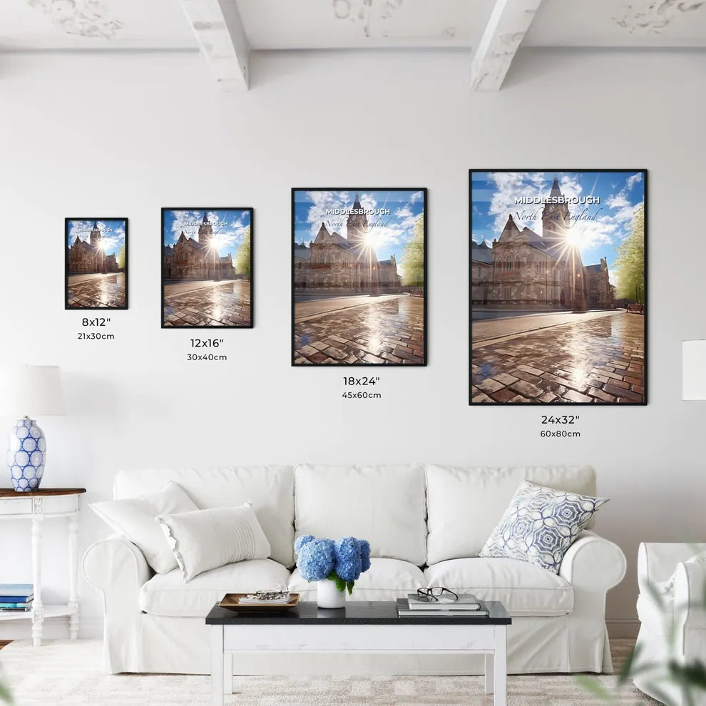 Middlesbrough, North East England, A Poster of a building with a clock tower and a bench in front of it Default Title