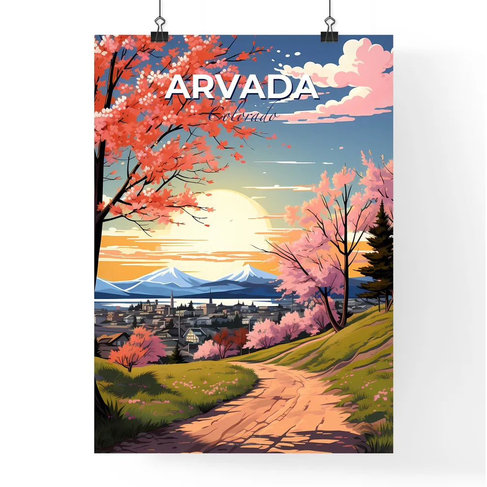 Arvada, Colorado, A Poster of a landscape with a dirt road and trees with pink flowers Default Title