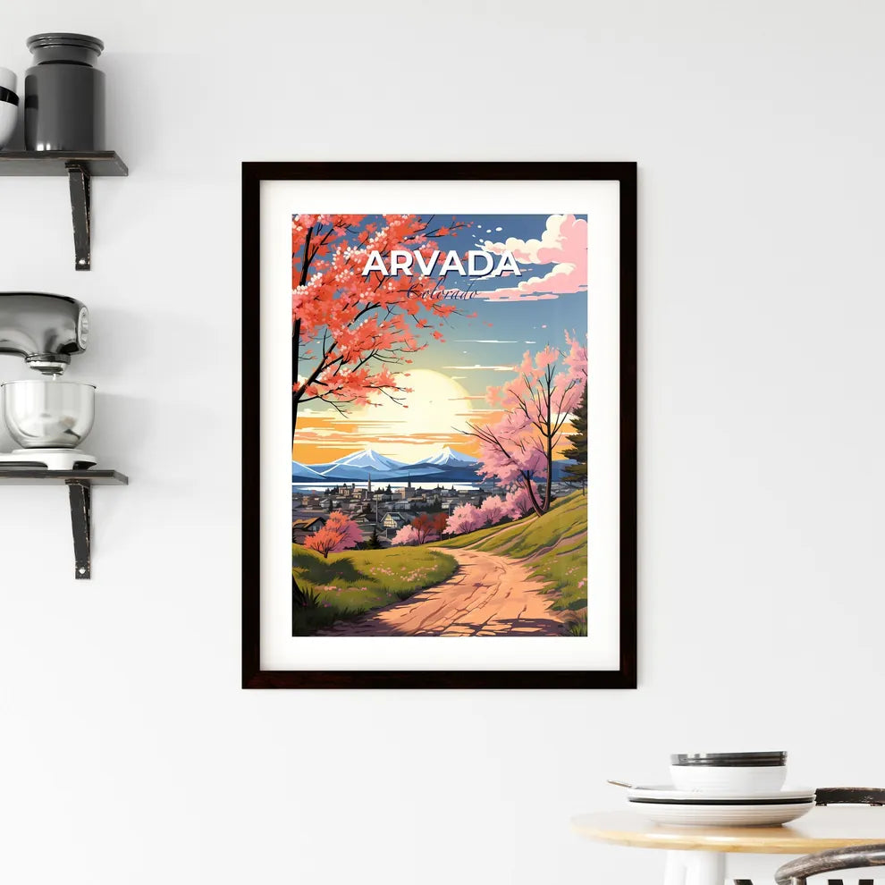 Arvada, Colorado, A Poster of a landscape with a dirt road and trees with pink flowers Default Title