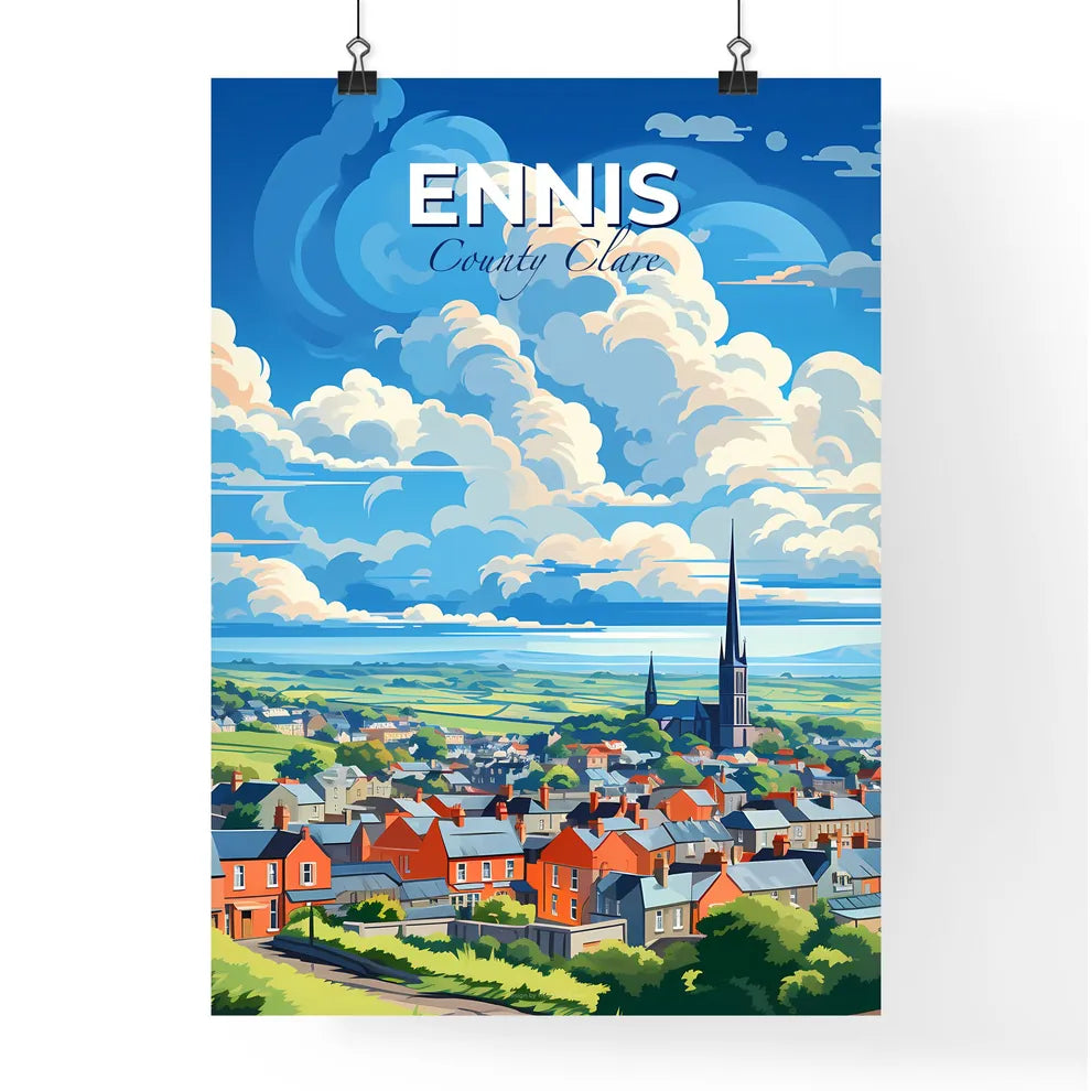 Ennis, County Clare, A Poster of a landscape of a town with a church and a large field Default Title