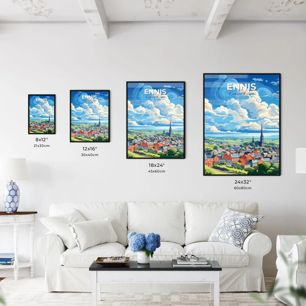 Ennis, County Clare, A Poster of a landscape of a town with a church and a large field Default Title