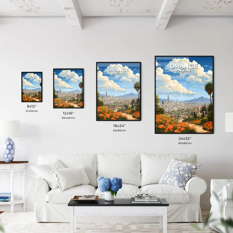 Orange, California, A Poster of a city landscape with orange flowers and mountains Default Title