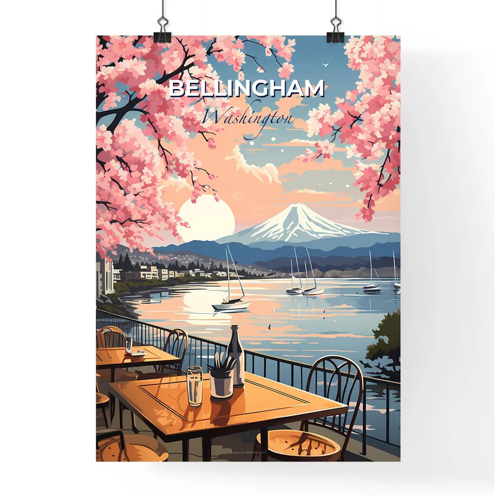Bellingham, Washington, A Poster of a table and chairs on a waterfront with a mountain in the background Default Title