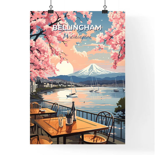 Bellingham, Washington, A Poster of a table and chairs on a waterfront with a mountain in the background Default Title