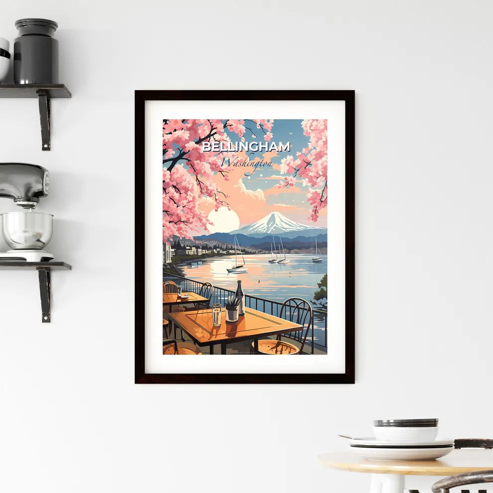 Bellingham, Washington, A Poster of a table and chairs on a waterfront with a mountain in the background Default Title