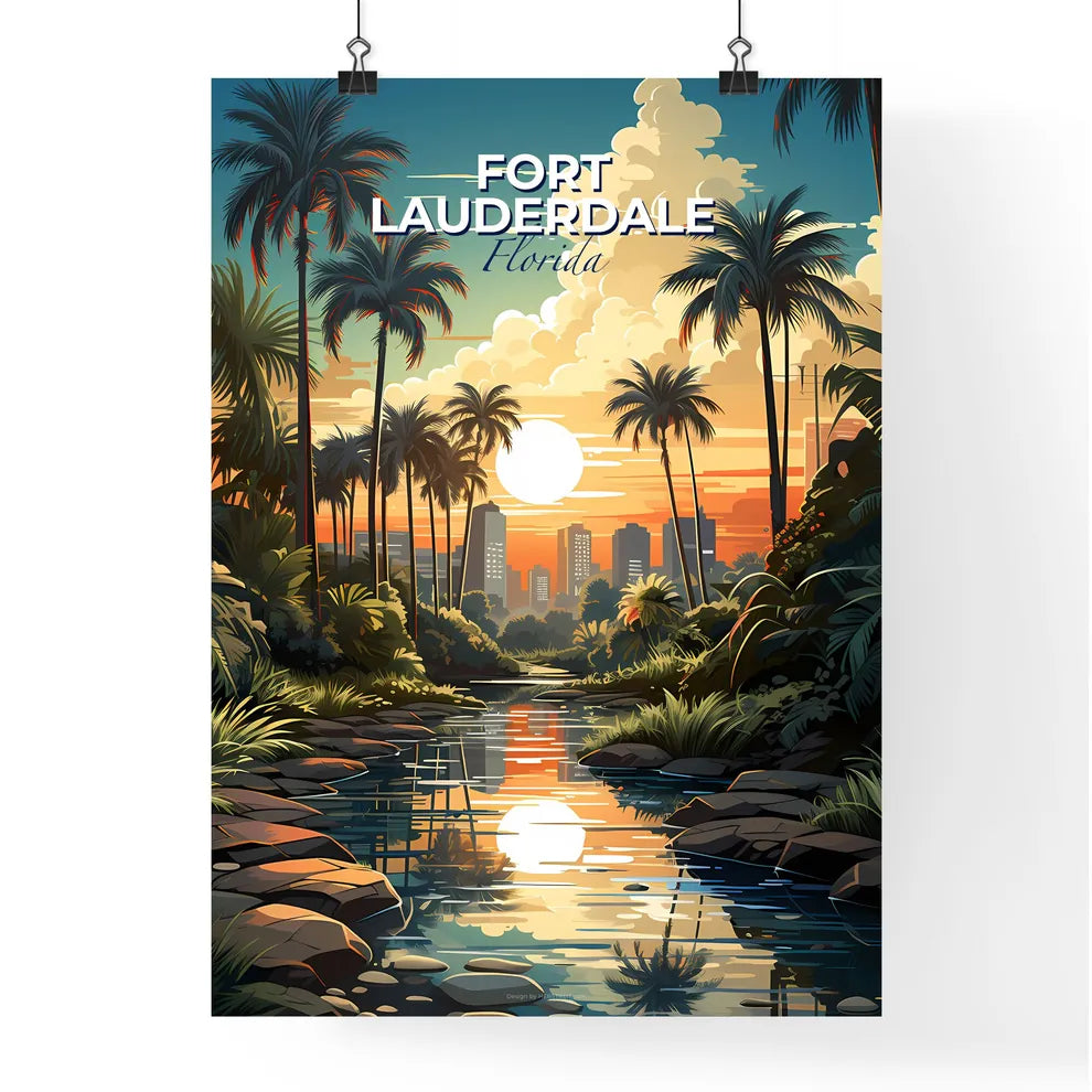 Fort Lauderdale, Florida, A Poster of a river with palm trees and a city in the background Default Title