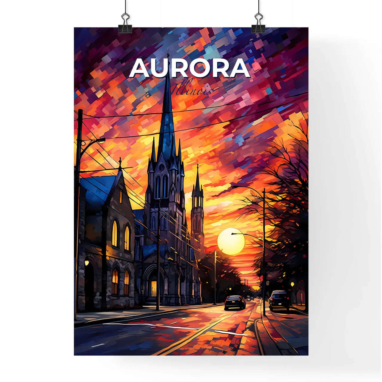 Aurora, Illinois, A Poster of a street with cars and a church in the background Default Title