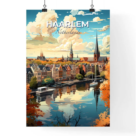 Haarlem, Netherlands, A Poster of a water body with a body of water and a city with buildings and trees Default Title