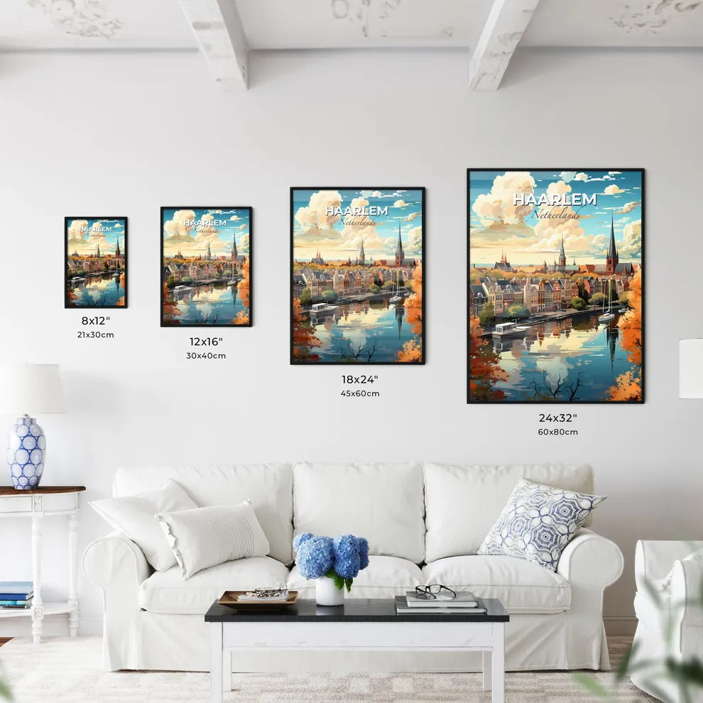 Haarlem, Netherlands, A Poster of a water body with a body of water and a city with buildings and trees Default Title