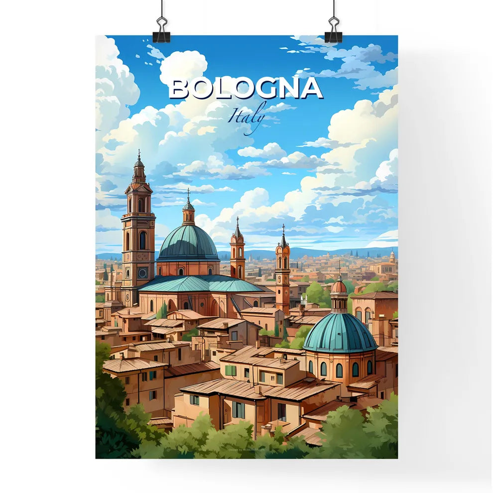 Bologna, Italy, A Poster of a city with a blue dome and towers Default Title
