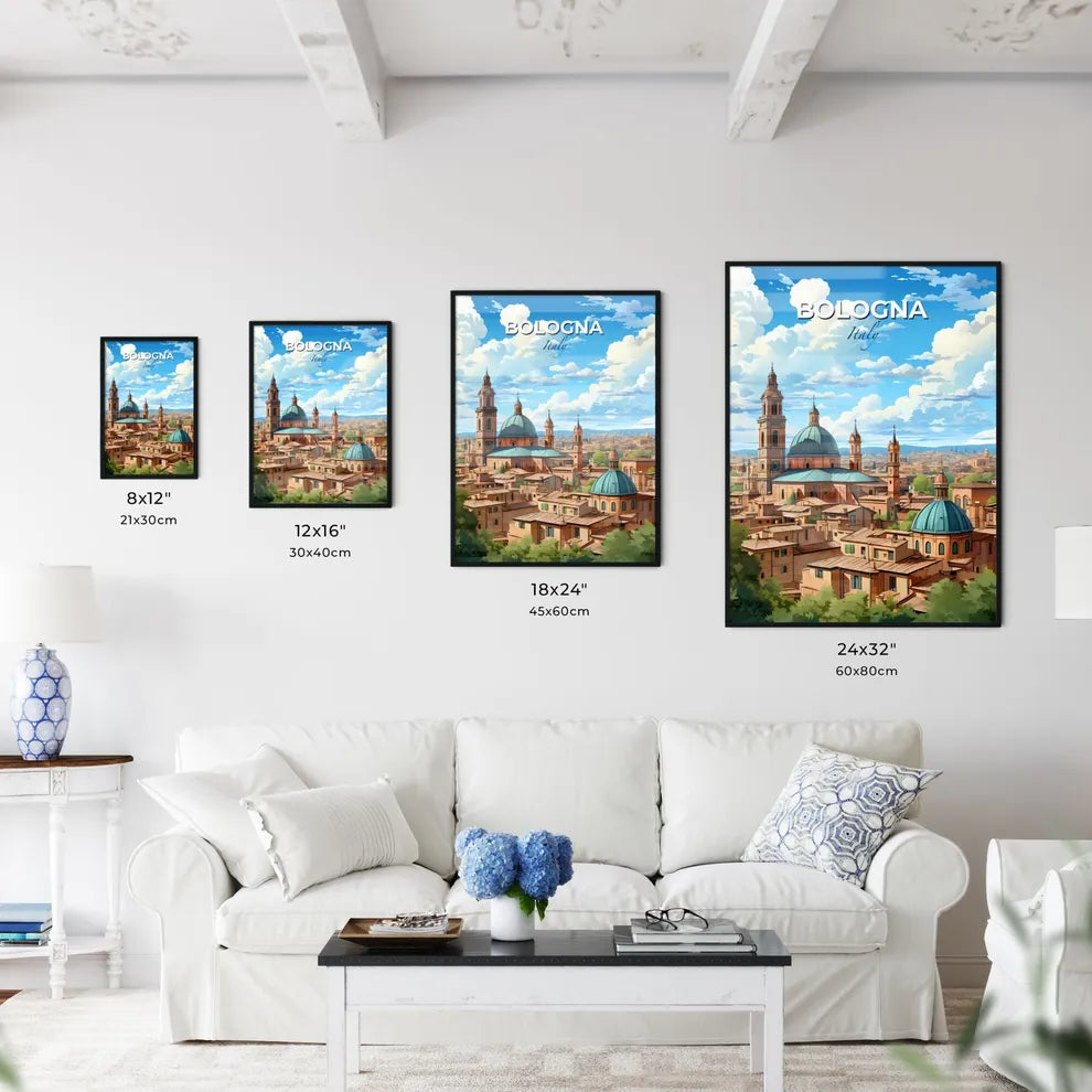 Bologna, Italy, A Poster of a city with a blue dome and towers Default Title