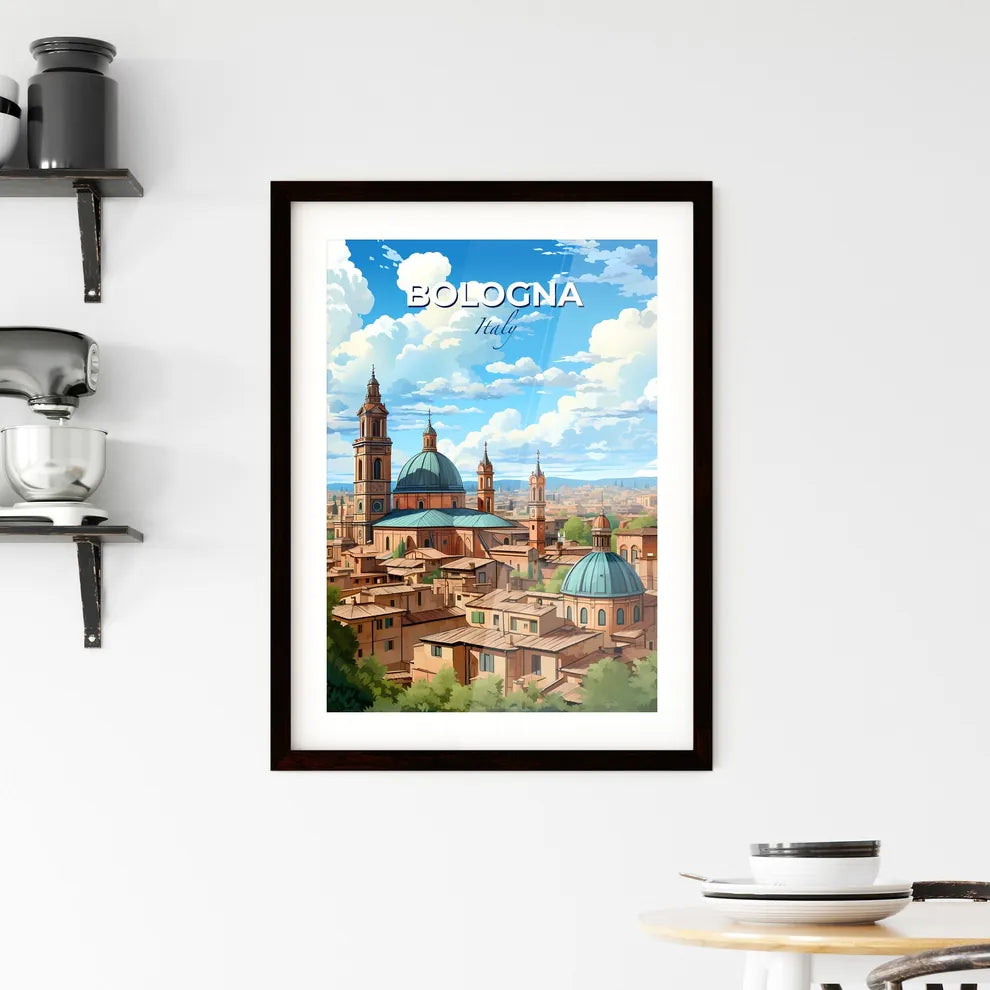 Bologna, Italy, A Poster of a city with a blue dome and towers Default Title