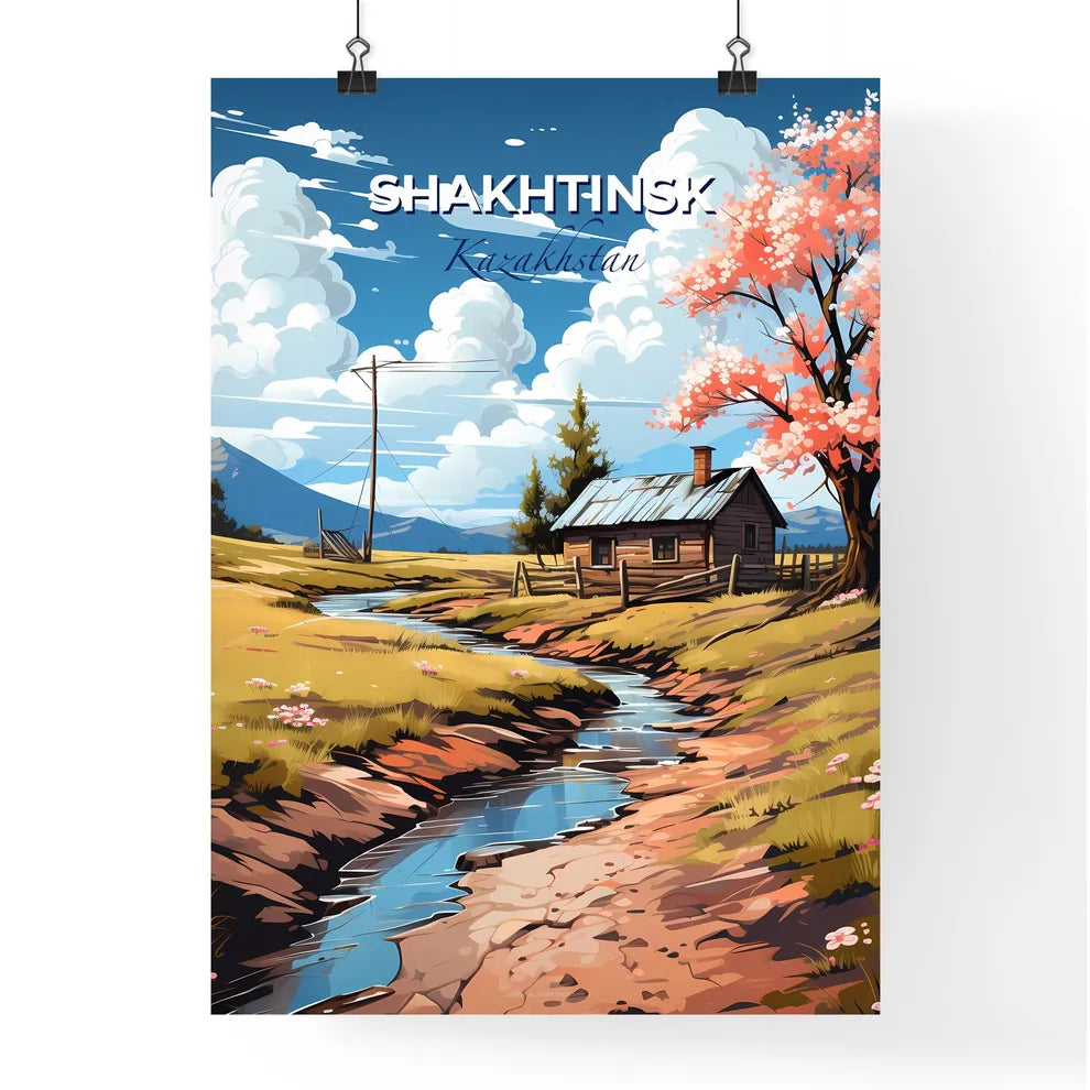 Shakhtinsk, Kazakhstan, A Poster of a stream running through a field with a house and trees Default Title