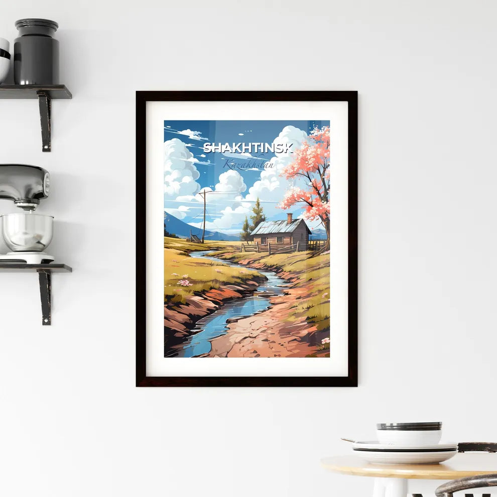 Shakhtinsk, Kazakhstan, A Poster of a stream running through a field with a house and trees Default Title