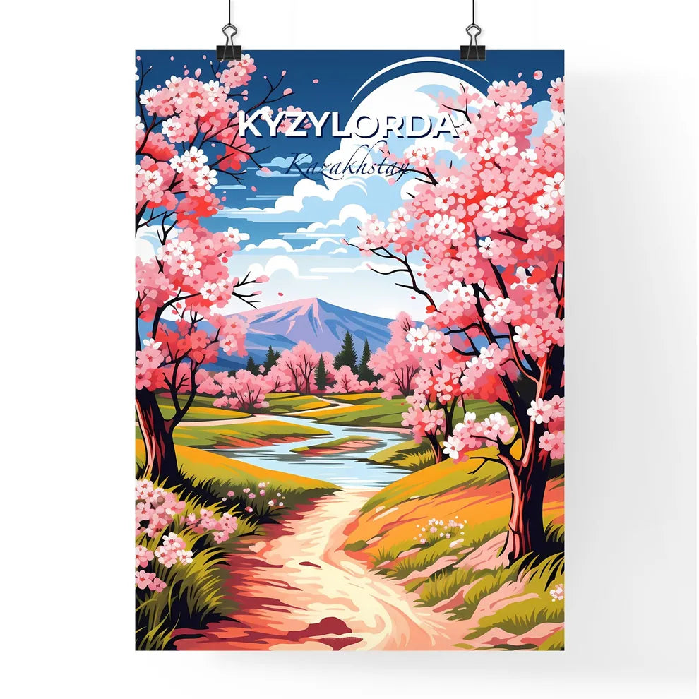 Kyzylorda, Kazakhstan, A Poster of a river running through a valley with pink trees Default Title