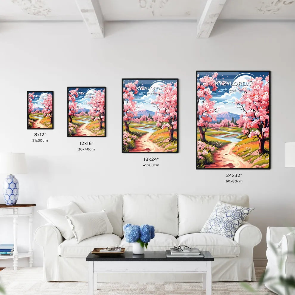 Kyzylorda, Kazakhstan, A Poster of a river running through a valley with pink trees Default Title