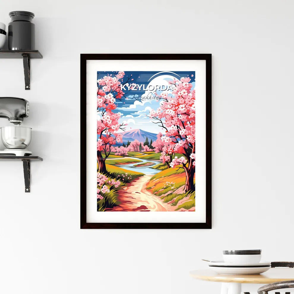 Kyzylorda, Kazakhstan, A Poster of a river running through a valley with pink trees Default Title