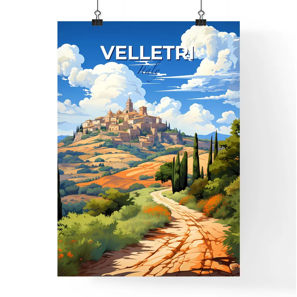 Velletri, Italy, A Poster of a landscape with a road and trees and a town on top of it Default Title