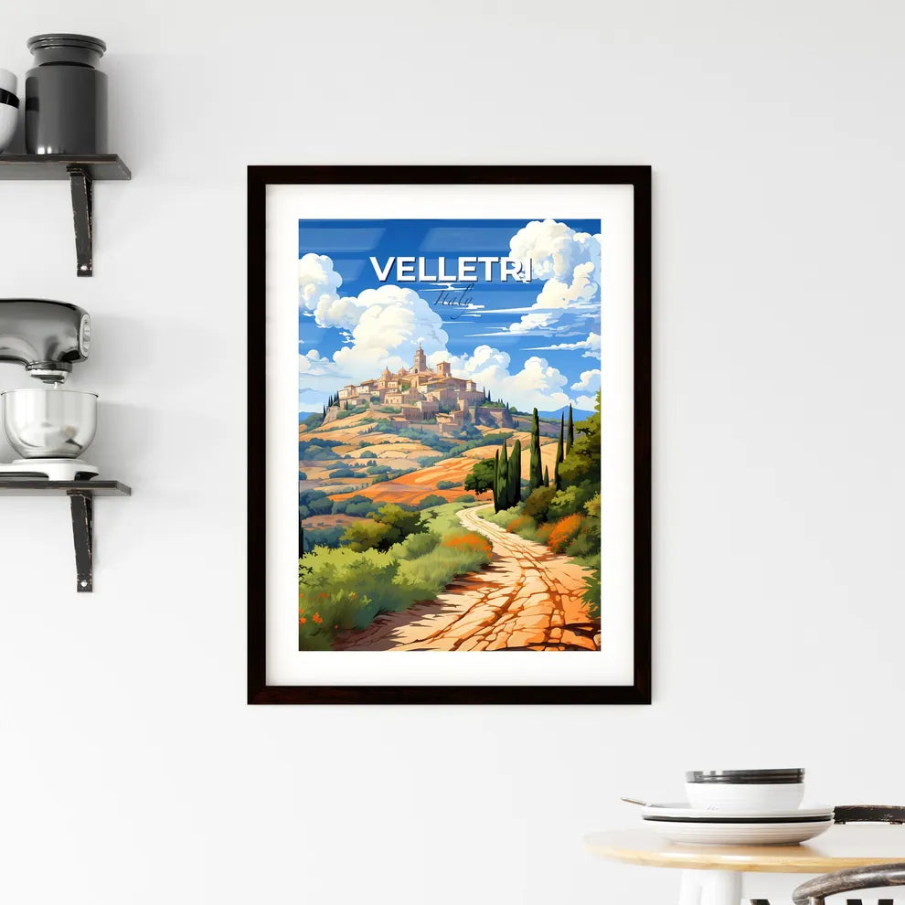 Velletri, Italy, A Poster of a landscape with a road and trees and a town on top of it Default Title