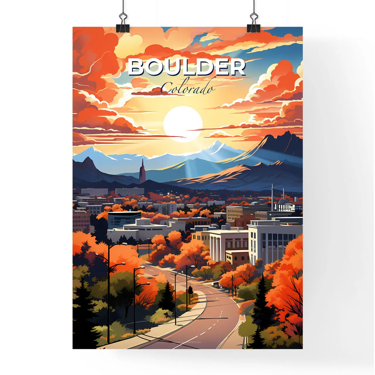 Boulder, Colorado, A Poster of a city with trees and mountains in the background Default Title