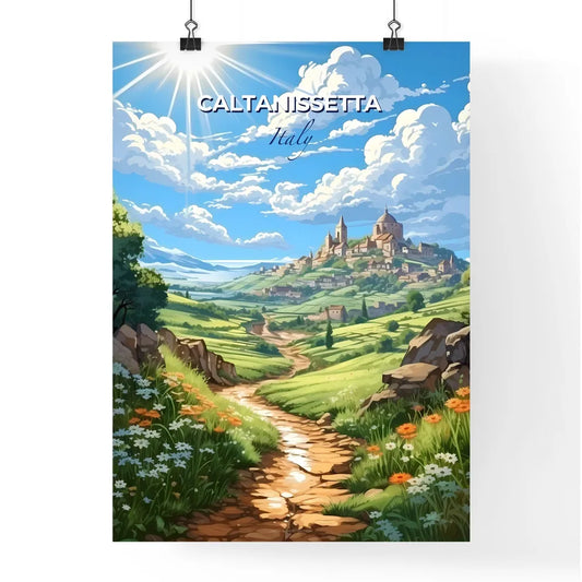 Caltanissetta, Italy, A Poster of a landscape with a road and a village on a hill Default Title