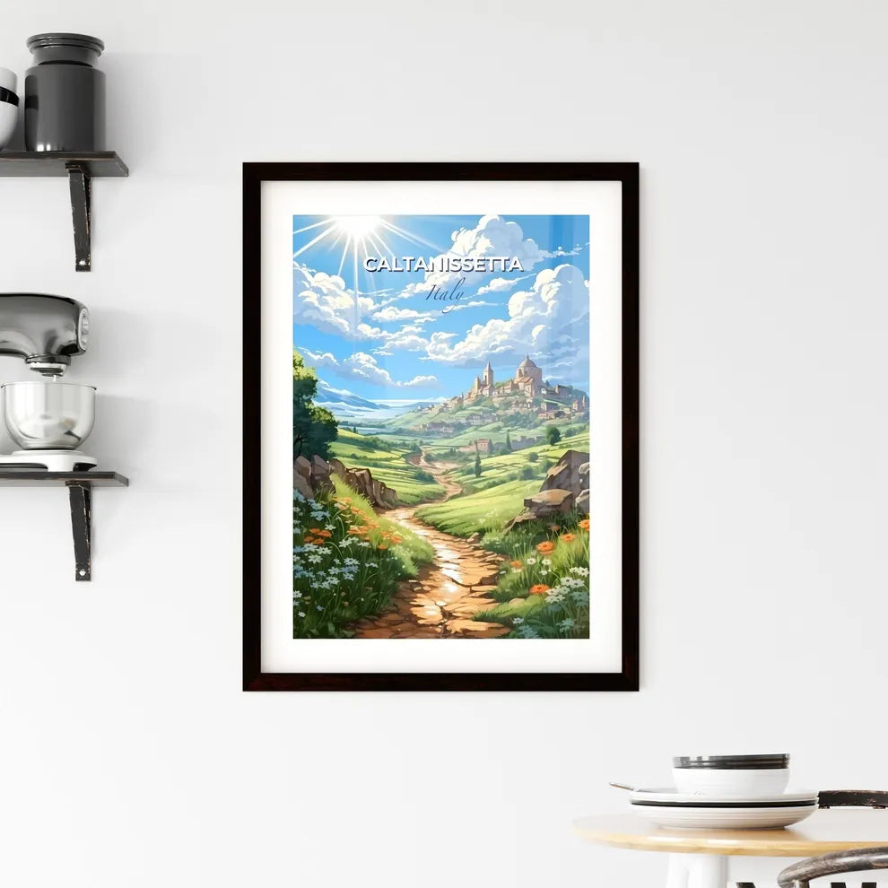 Caltanissetta, Italy, A Poster of a landscape with a road and a village on a hill Default Title