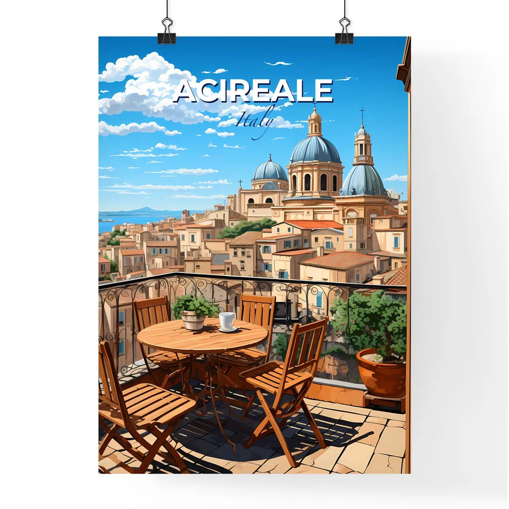 Acireale, Italy, A Poster of a table and chairs on a balcony overlooking a city Default Title