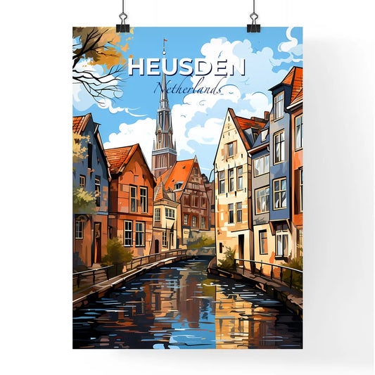 Heusden, Netherlands, A Poster of a water canal with buildings and a church in the background Default Title