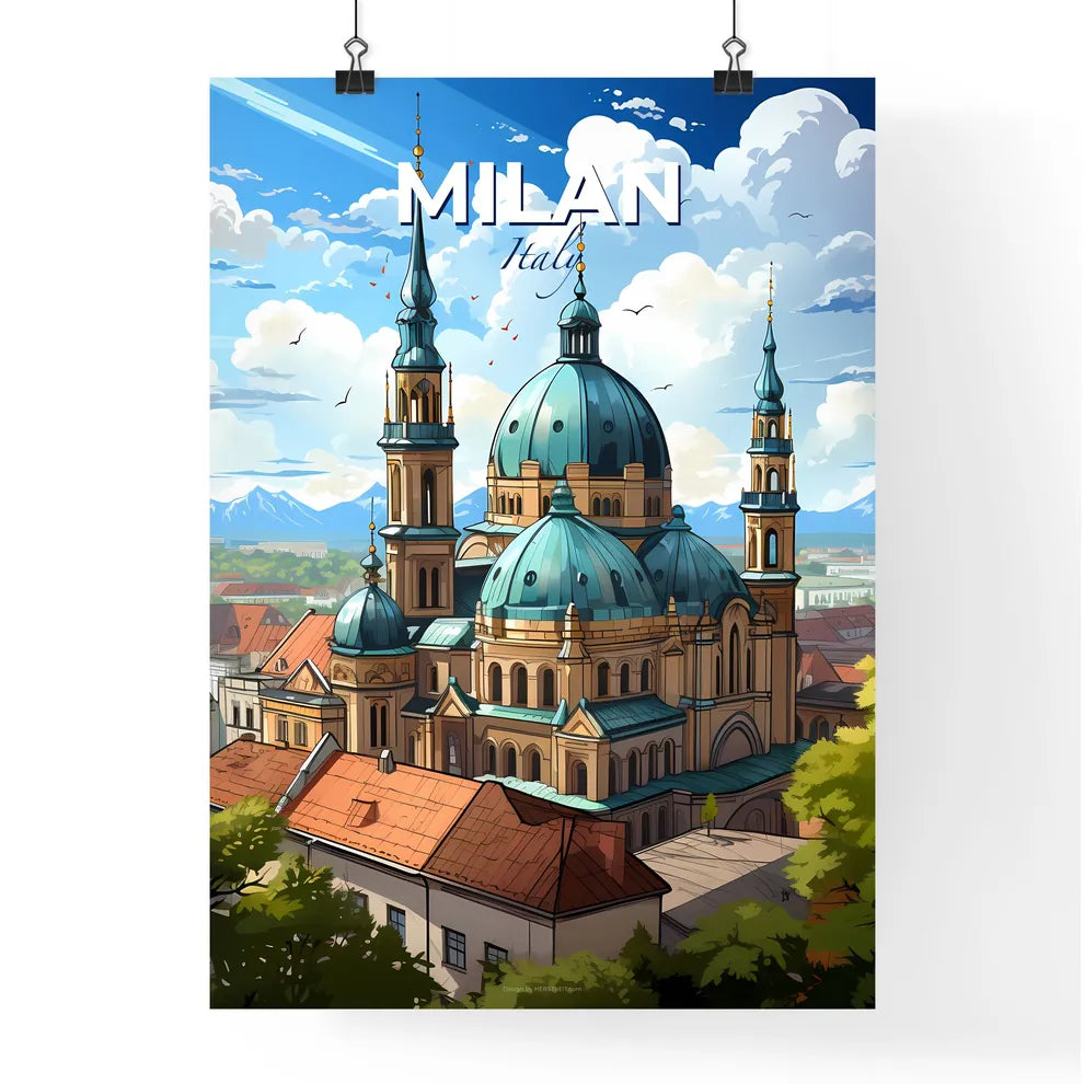 Milan, Italy, A Poster of a building with blue domes and a city in the background Default Title