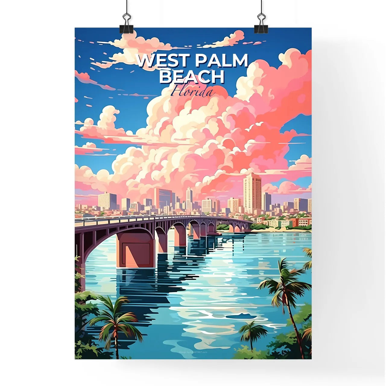 West Palm Beach, Florida, A Poster of a bridge over water with palm trees and a city in the background Default Title