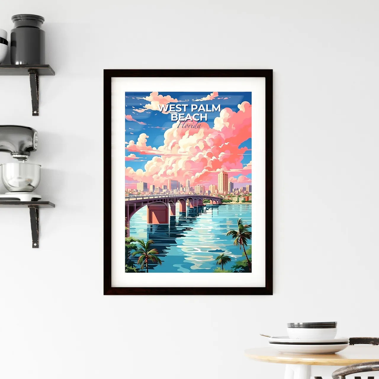 West Palm Beach, Florida, A Poster of a bridge over water with palm trees and a city in the background Default Title