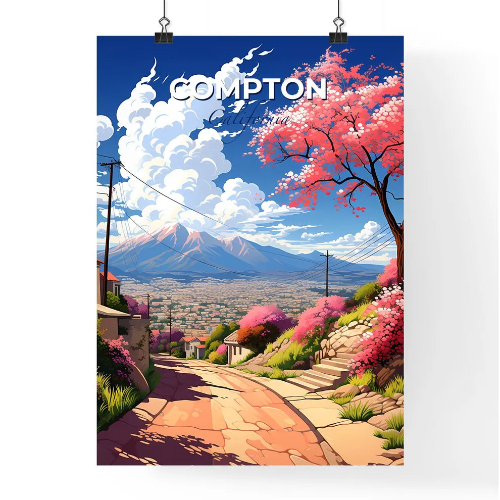 Compton, California, A Poster of a road with pink flowers and trees on the side Default Title