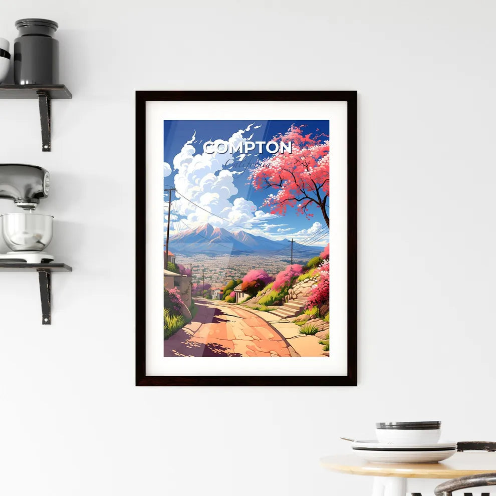 Compton, California, A Poster of a road with pink flowers and trees on the side Default Title