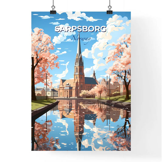 Sarpsborg, Norway, A Poster of a church with a tower and a pond with pink trees Default Title