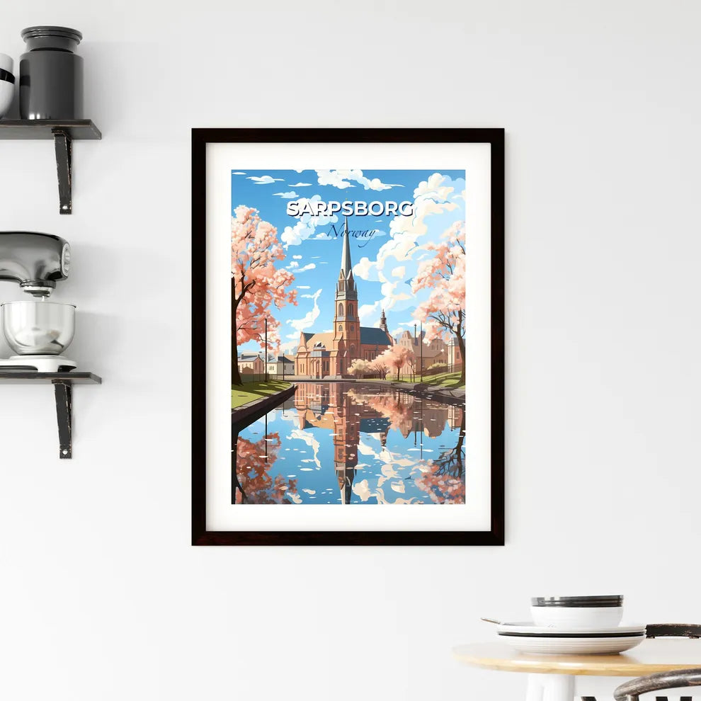 Sarpsborg, Norway, A Poster of a church with a tower and a pond with pink trees Default Title