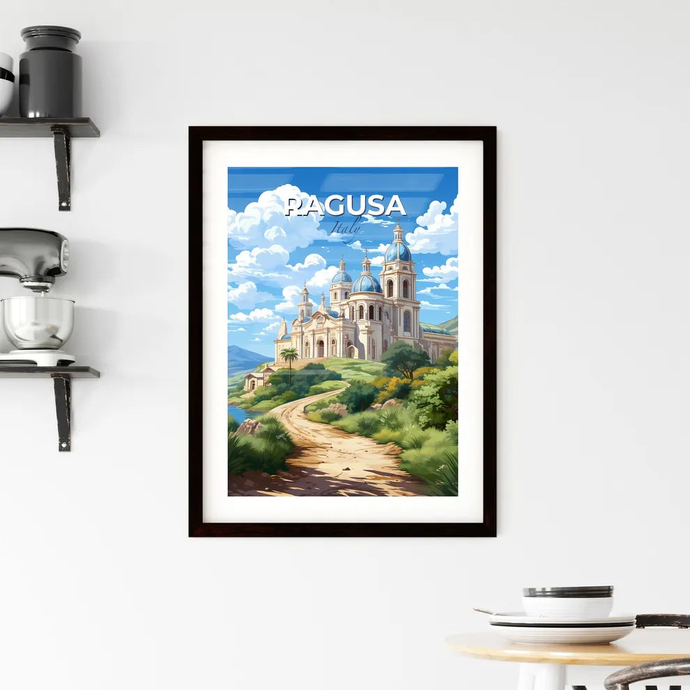 Ragusa, Italy, A Poster of a building with blue domes on a hill with trees and a path Default Title