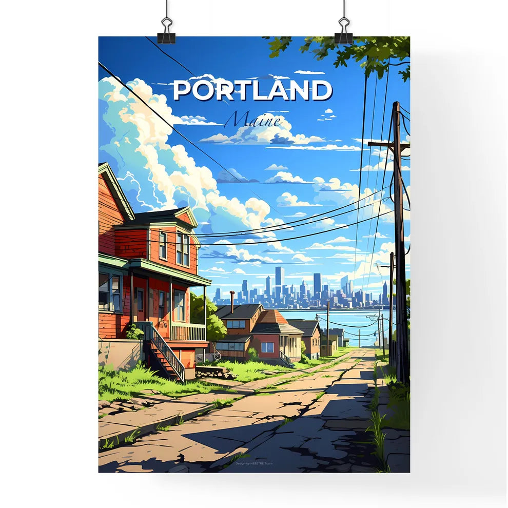 Portland, Maine, A Poster of a street with houses and power lines and a city in the background Default Title